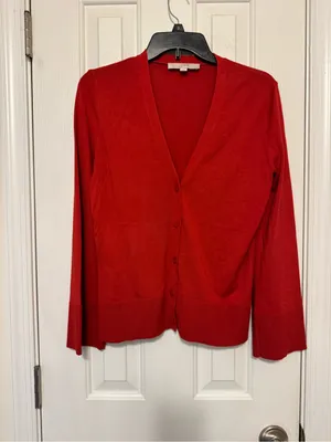 LOFT Red V-Neck Button Front Cardigan thumbnail 4