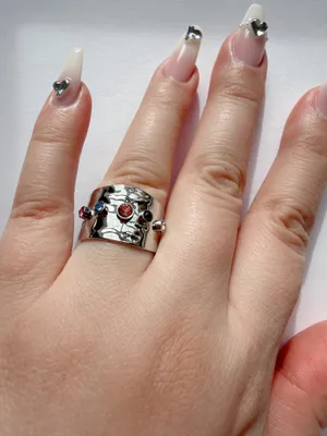 Silver non tarnish open ring with colorful zircons thumbnail 1