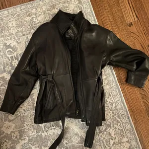 Vintage Leather Limited Brown Black Genuine Leather Belted Jacket Size Large thumbnail 1
