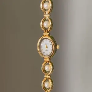 Vintage style gold tone pearl watch thumbnail 6
