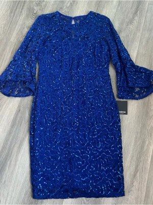 Marina Blue Sequin Lace Dress Size 12 Bell Sleeve Cocktail NWT thumbnail 1