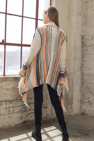 Umgee Striped Boho Fringe Hem Open Cardigan Tan Orange Black thumbnail 11