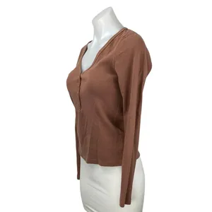 Abercrombie & Fitch Women's Brown Rib Knit Henley Long Sleeve Crop Shirt Top M thumbnail 2