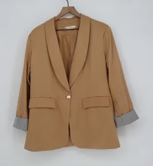 Genhoo Blazer Womens XL Shawl Lapel Tan Striped Cuff Single Button Excellent thumbnail 1