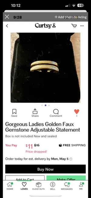 Gorgeous Golden Embellished Adjustable Statement Ring Size 7 thumbnail 3