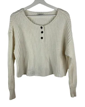 American Eagle Size XS‎ Sweater Henley Cropped Long Sleeve Chunky Knit Women’s thumbnail 1