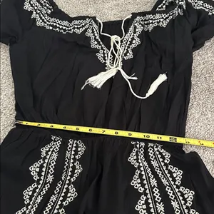 Lulus Black Jumpsuit with Off White Embroidery and Tassel thumbnail 12