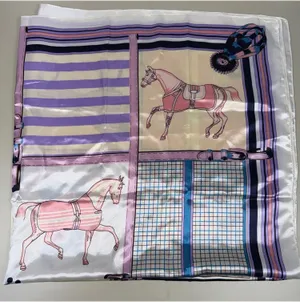 Horse Equestrian Satin Scarf 90x90cm Pink Blue Square thumbnail 1