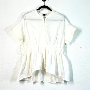 1X Plus Size Victoria Beckham White Poplin Gathered Waist Top Minimalist Blouse thumbnail 2