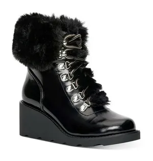INC Hannia Patent Faux Fur Lace-Up Wedge Booties‎ Black Size 5.5 NIB thumbnail 1