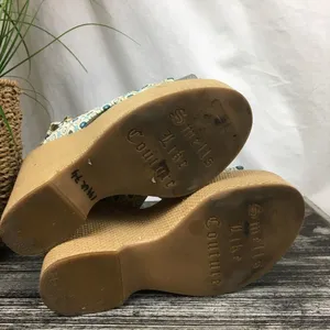 Juicy Couture Blue & Tan Print Fabric Platform Wedge Espadrille Sandal Shoes 7.5 thumbnail 8