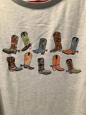Love Scarlett Light Gray Short Sleeve Tee with Colorful Cowgirl Boots Motif NWT thumbnail 4