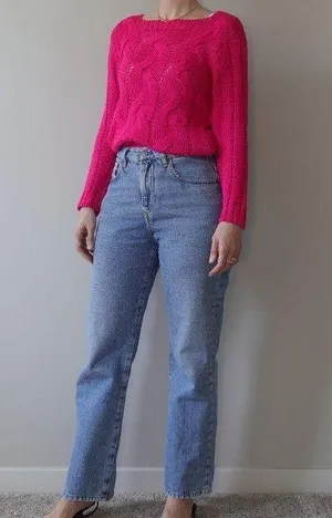 Fuchsia Pink Knit Cozy Square Neck Sweater One Size thumbnail 1