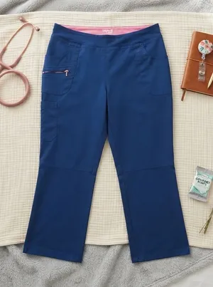 Beyond Scrubs Navy Blue Cargo Scrub Pants Womens PXL Straight Leg Pink Trim‎ thumbnail 1
