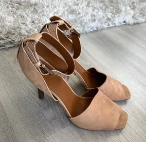 Franco Sarto Tan Suede Peep-Toe Ankle Strap with Brown Heels Size 8.5 thumbnail 1