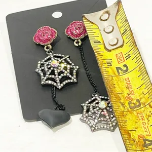 Betsey Johnson Creepshow Spiderweb Pink Rose‎ Heart Crystal AB Mismatch Earring thumbnail 3