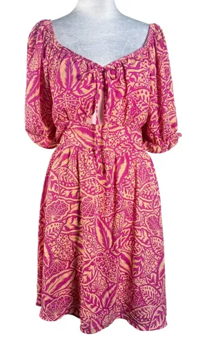 Sienna Sky Tropical‎ Puff Sleeve Dress Womens Medium Pink Excellent Smocked Back thumbnail 1
