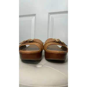 Tory Burch Cognac Leather Wood Platform Wedge Sandals Gold Buckle Mules 7.5 thumbnail 2