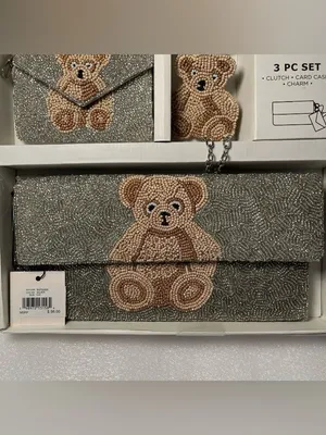 Rachel Zoe Silver Beaded Teddy Bear Clutch Shoulder Strap Card Case Bag Charm thumbnail 2