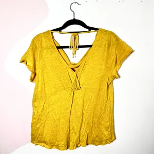 100% Linen Top Women's Medium Mustard Yellow Cowl Neck‎ Tie Back Short Sleeve thumbnail 4