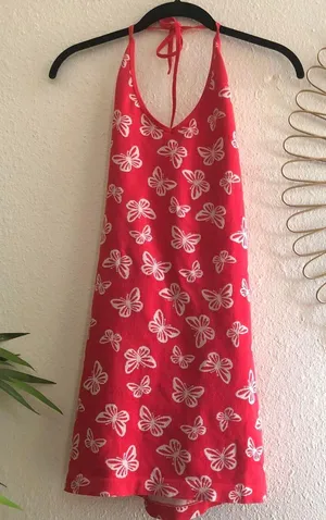 No Bo 2000s y2k halter neck Red and white butterfly halter bodycon dress thumbnail 1