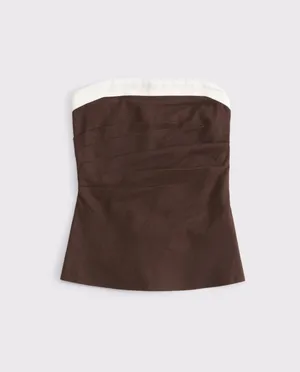 Abercrombie and Fitch AnF Dark Brown White Beige Linen Blend Tube Top Blouse thumbnail 7