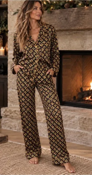Victoria's Secret Gold Geometric Satin Pajama Set Size Large thumbnail 1