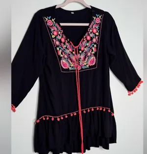 Embroidered Black Tassel Boho Pompoms Detail Mini Dress Womens Hippie Size M thumbnail 3