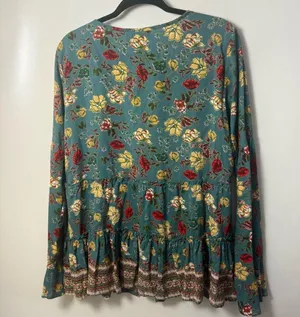 Lola P Tunic Top Womens L Floral Babydoll Peasant Boho Blouse Tassel Tie Tiered thumbnail 2