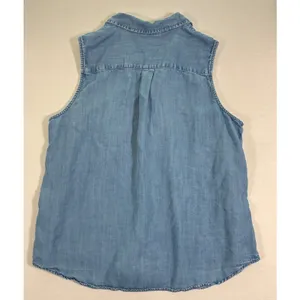 Chicos Blue Sleeveless Ruffle Denim Shirt Button Front Size 3 L XL thumbnail 2