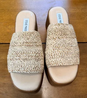 Steve Madden Raffia Platform Slide Sandals‎ Tan Woven Wedge size 37 Italy thumbnail 1