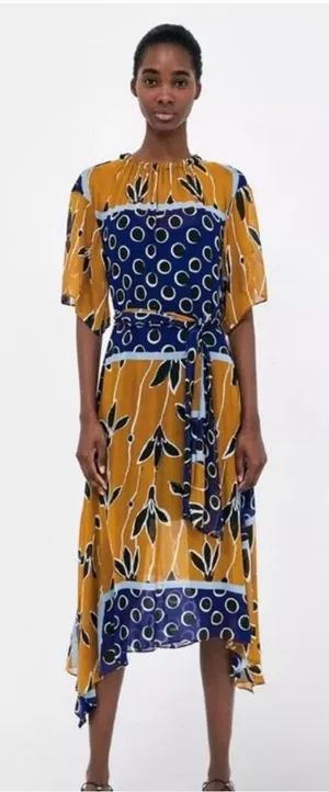 ZARA Navy Mustard White‎ Floral Sheer Tie Waist Midi Dress Sz XS thumbnail 1