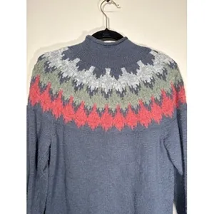 L.L. Bean Fair Isle Sweater Large Blue Cotton Mock‎ Neck Nordic Cottagecore thumbnail 5