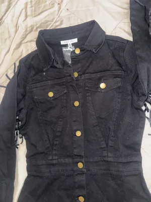 Black denim button-up dress with faux leather fringe thumbnail 2