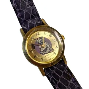 Vtg 1990s Purple Textured Leather Band Cat Mouse Gold Face Novelty Watch thumbnail 2