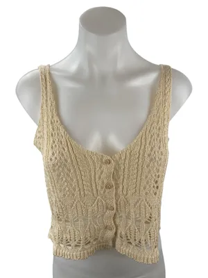 Zara Women's Cream Beige Crochet Knit Sleeveless Button Up Boho Crop Top Size S thumbnail 1