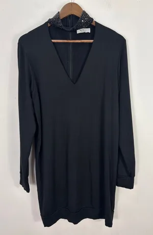 Bailey 44 Dress Women Large Black Embellished Mock Neck V-Neck Mini USA Luxe thumbnail 1