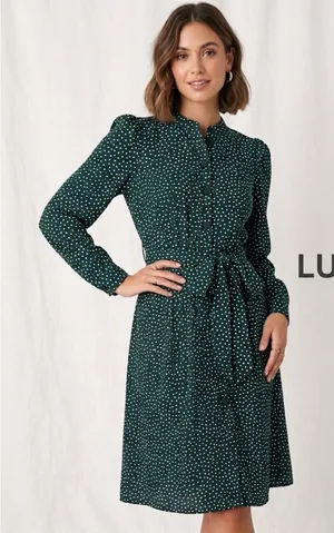 Lumie Dark Green Polka Dot Midi Dress with Tie Waist thumbnail 1