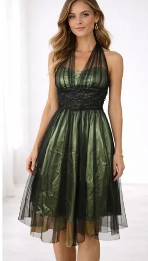 Vintage Y2K Cumbia Dress‎ XS Green Satin Black Mesh Goth Dark Fairy Whimsygoth thumbnail 1