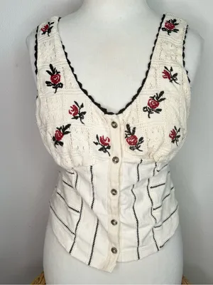 Free People Corset Top Tank Rose Bud Knit Floral Embroidery Crochet Accents Boho thumbnail 3