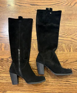 UGG Black Suede Knee-High Block Heel Boots - Women, 7, block heel thumbnail 1