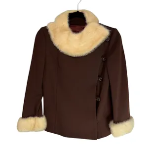 Vintage ILGWU Brown Knit Jacket Faux Fur‎ Collar Cuffs Side Button Union Made 8 thumbnail 2