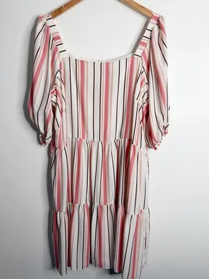 Gabby Skye Striped Babydoll Dress Puff Sleeve‎ Square Neck Pink Beige 18W Pastel thumbnail 2