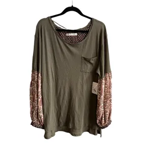 Free People We The Free Jade Top‎ Women Medium Army Boho Paisley Mixed Media Tee thumbnail 4