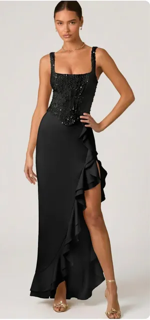 Oh Polly Robina Embellished Ruffle-Trim Corset Gown Maxi Dress in Black size 4 thumbnail 1