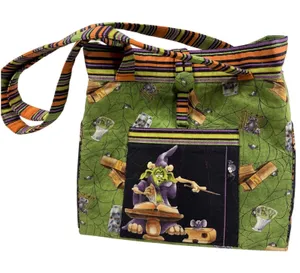 Vintage Handmade Halloween Goblin Wizard Tote Bag Green Orange Striped Spooky thumbnail 1