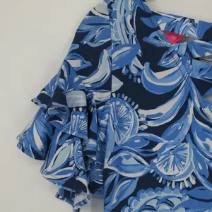 Lilly Pulitzer Blue Floral A-Line Dress XS Pink Border Ruffle Sleeve Rayon Spand thumbnail 15