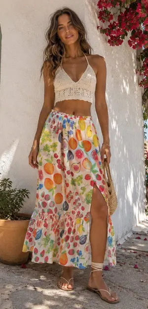 Jacquie the Label Mirabelle White Multi Fruit Print Tiered Midi Skirt thumbnail 1