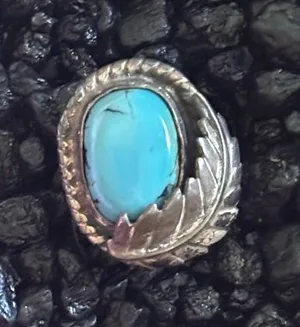 Vintage Native American Navajo Turquoise & Sterling‎ Leaf Ring Patina Sz6 thumbnail 1