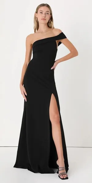 NWT Lulus Iconic Sophistication Black One-Shoulder Asymmetrical Maxi Dress Sz L thumbnail 1